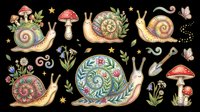 Snails with floral patterns, mushrooms, and botanical elements isolated on transparent background. Ready for t-shirt design, clipart, stickers, sublimation, and print-on-demand projects.