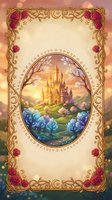 Ornate golden frame with red roses surrounding oval window showing fantasy castle on hill with magical crystals and flowering trees at sunset.