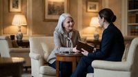 Two professional women having serious business conversation in elegant office interior with warm lighting and classic furniture.