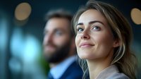 Young Caucasian businesswoman with blonde hair smiling confidently in office setting with male colleague in background, professional corporate environment with bokeh lights.