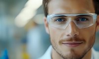 Young Caucasian male scientist wearing protective safety glasses smiles confidently in modern laboratory setting with soft bokeh background lighting effects.