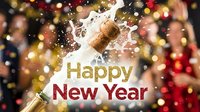 Champagne bottle popping with splashing foam, Happy New Year text, confetti, and festive blurred crowd celebrating in golden bokeh lights.