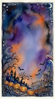 Watercolor Halloween frame with spooky haunted houses, jack-o-lantern pumpkins, flying bats and mystical purple orange sky for seasonal greeting cards.