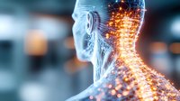 Glowing orange neural network visualization inside human neck and head silhouette showing pain or nervous system activity on blurred medical background.