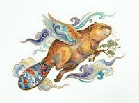 Whimsical otter with flowing turquoise and purple ribbons, ornate decorative elements, and botanical accents on isolated white background. Perfect for apparel, stickers, and creative design projects.