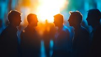 Silhouettes of people talking against vibrant orange and blue bokeh background, creating atmospheric mood for business networking and social connection concepts.