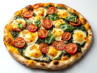 Fresh margherita pizza with melted mozzarella, cherry tomatoes, and basil pesto on crispy homemade dough against white background, isolated for menu design.