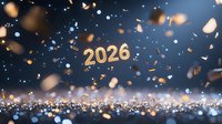 Golden number 2026 floating with glittering confetti and bokeh lights against dark blue background, festive New Year celebration atmosphere.