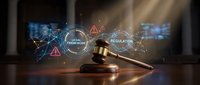 Wooden gavel on desk with digital legal framework and regulatory holographic interface displaying connected network nodes for law technology.