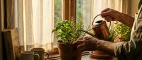 Senior man watering potted herbs on sunny windowsill with copper watering can in cozy kitchen setting for gardening and home cultivation concepts.