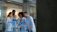 Diverse team of scientists in lab coats examining holographic molecular structure in modern research facility for pharmaceutical development and innovation.