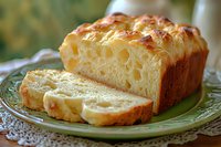 Freshly baked cheese bread loaf sliced on green plate showing airy texture and golden crust, homemade artisanal bread with soft fluffy interior and crispy top.
