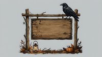 Wooden sign frame with black crows perched on branches, autumn leaves and pumpkin decoration, isolated on gray background for fall designs.