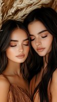 Two young women with closed eyes and natural makeup pose intimately against dried pampas grass background in warm earth tones for beauty and wellness content.