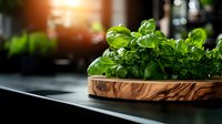 Fresh basil leaves growing in wooden bowl on dark kitchen counter with natural sunlight, selective focus creates atmospheric culinary scene.