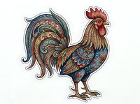 Ornamental rooster with decorative feathers and intricate patterns, isolated on white background, ready for design projects, clipart, and merchandise applications.