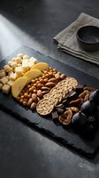 Gourmet cheese and nut platter on dark slate board with crackers, dried fruits, almonds and hazelnuts for entertaining and appetizer presentation.