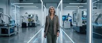Mature woman with blonde hair, Caucasian ethnicity, wearing professional gray blazer standing in modern laboratory or manufacturing facility with advanced equipment and neon lighting, suitable for corporate, technology, and business concepts.