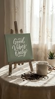Good Vibes Only motivational sign on wooden easel with coffee beans, ceramic mug and succulent plant creating cozy morning inspiration setup.