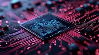 Computer processor on circuit board with glowing pink and blue neon lights, macro photography showing electronic pathways and semiconductor chip technology.