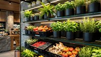 Modern grocery store produce section with fresh fruits vegetables and herbs displayed on black shelves with potted plants creating sustainable retail environment.