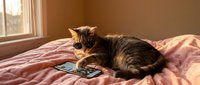Tabby kitten lying on pink bedding next to smartphone, looking at screen with curiosity and interest, indoor bedroom setting with natural window light.
