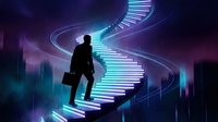 Silhouette of male professional climbing illuminated spiral staircase in futuristic digital environment, representing career advancement and business success.