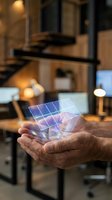 Hands holding holographic solar panel projection in modern home interior showcasing renewable energy technology and sustainable living concepts.