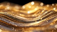 Abstract golden wave with glitter and bokeh effect on black background, luxury flowing curves with sparkles and shimmering light for festive design.