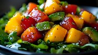 Fresh mango and cherry tomato salad with green herbs and black pepper on dark plate, vibrant colorful healthy vegetarian meal closeup.