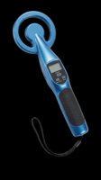 Blue handheld metal detector with digital display and wrist strap, isolated on transparent background. Great for clipart, stickers, t-shirt design, and print on demand.