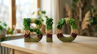 BIO letters made of fresh vegetables, seeds, and greens on a wooden table, symbolizing organic food, healthy eating, and natural lifestyle.