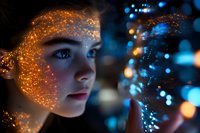 Young woman illuminated by glowing orange particles against dark background with blue bokeh lights, showcasing futuristic technology and digital transformation concept.