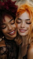 Close-up portrait of two diverse young women with burgundy curly and ginger wavy hair, wearing black lace, smiling with closed eyes in warm lighting.