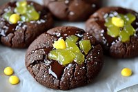 Chocolate thumbprint cookies decorated with green candied fruit pieces and yellow candy dots, dusted with powdered sugar on parchment paper. Fresh baked treats.