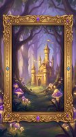 Ornate golden frame displaying enchanted castle scene with purple forest, glowing mushrooms and magical atmosphere for fantasy storytelling and gaming content.