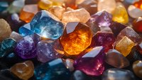 Vibrant collection of rough gemstones including amethyst, citrine, and blue topaz crystals illuminated with natural light showing translucent mineral textures.