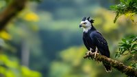 Majestic harpy eagle perched on mossy branch against blurred forest background, displaying distinctive black and white feathers and proud stance in natural habitat.
