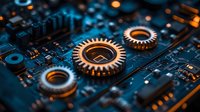 Glowing copper gears on blue circuit board macro shot, mechanical and electronic components integration showing industrial automation and technology advancement.