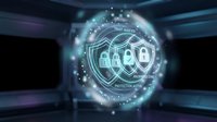 Futuristic cybersecurity shield with lock icons floating in digital space with glowing particles and data streams for technology protection concepts.