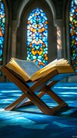 Open religious book on wooden stand against stained glass window in mosque, with blue light reflection on floor creating spiritual atmosphere.