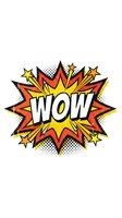 Comic book style WOW explosion burst with stars and halftone dots on white background isolated for graphic design and print projects.