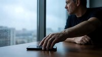 Middle-aged man with light skin tone and stubble sitting at desk with smartphone, urban cityscape visible through window behind him, contemplative mood for business and technology concepts.