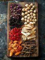 Traditional Chinese herbal medicine ingredients and dried mushrooms arranged on rustic wooden board, top view composition for alternative medicine and wellness.