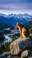 Wild lynx sitting on rocky cliff overlooking mountain valley at sunset with snow-capped peaks and winding road below in wilderness landscape.