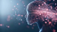 Digital wireframe head silhouette dissolving into glowing pink particles against dark background, representing artificial intelligence and consciousness.