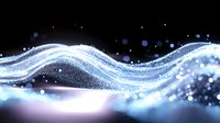 Glowing blue wave of light particles and sparkles flowing on black background creates magical energy effect for abstract design backgrounds.