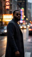 African American male in dark coat and sunglasses standing on wet urban street with neon signs and city lights blurred in background at dusk, suitable for lifestyle and fashion photography.