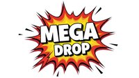 Comic book style explosion burst with MEGA DROP text in bold white letters on red yellow starburst background for promotional marketing campaigns.