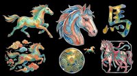 Colorful decorative horse illustrations with ornamental patterns, isolated on transparent background. Ready for t-shirt design, clipart, stickers, sublimation, print-on-demand products and digital crafts.